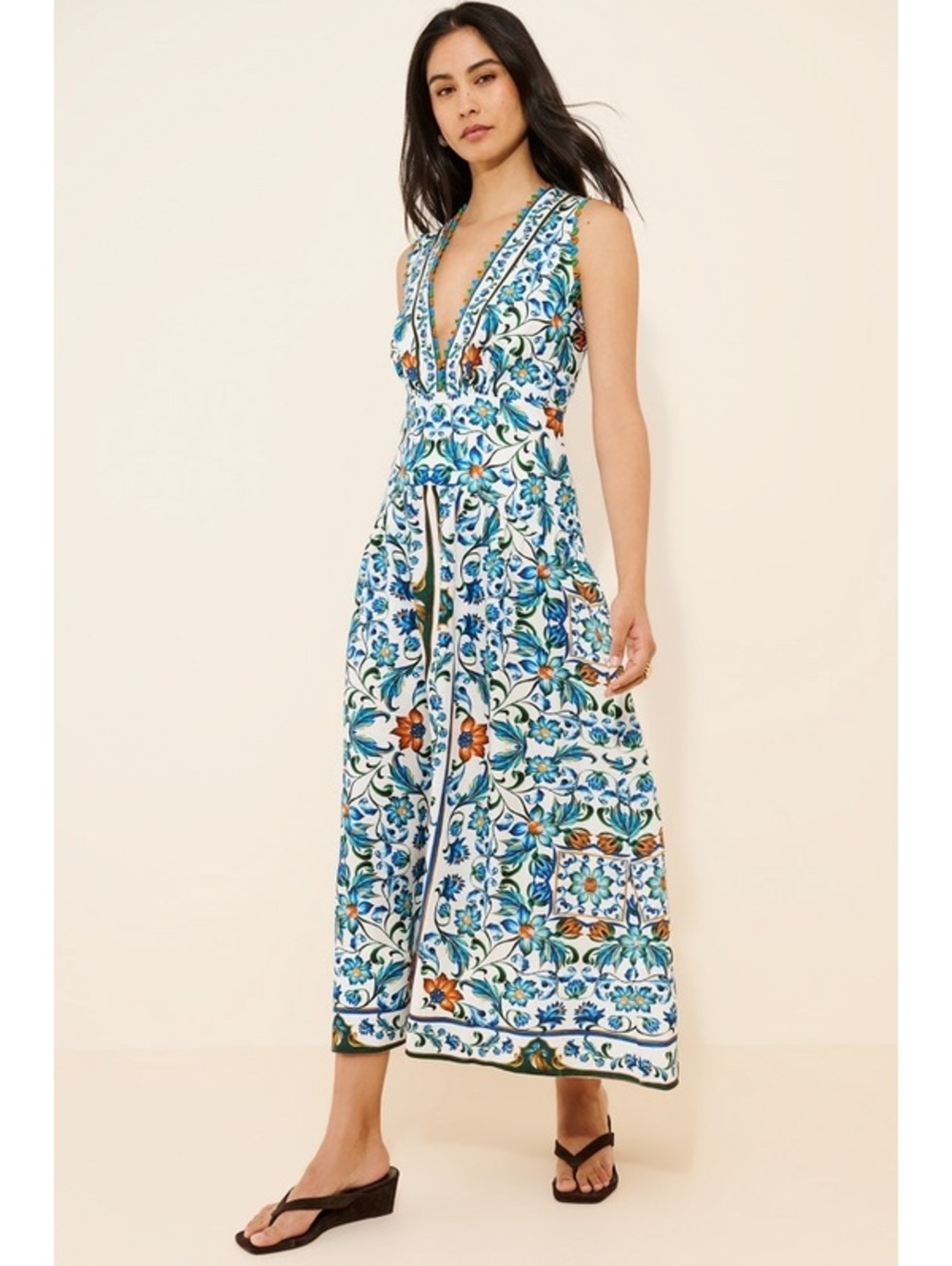 FARM Rio Off-White Flora Tile Scallop Premium Linen Maxi Dress NWT Large